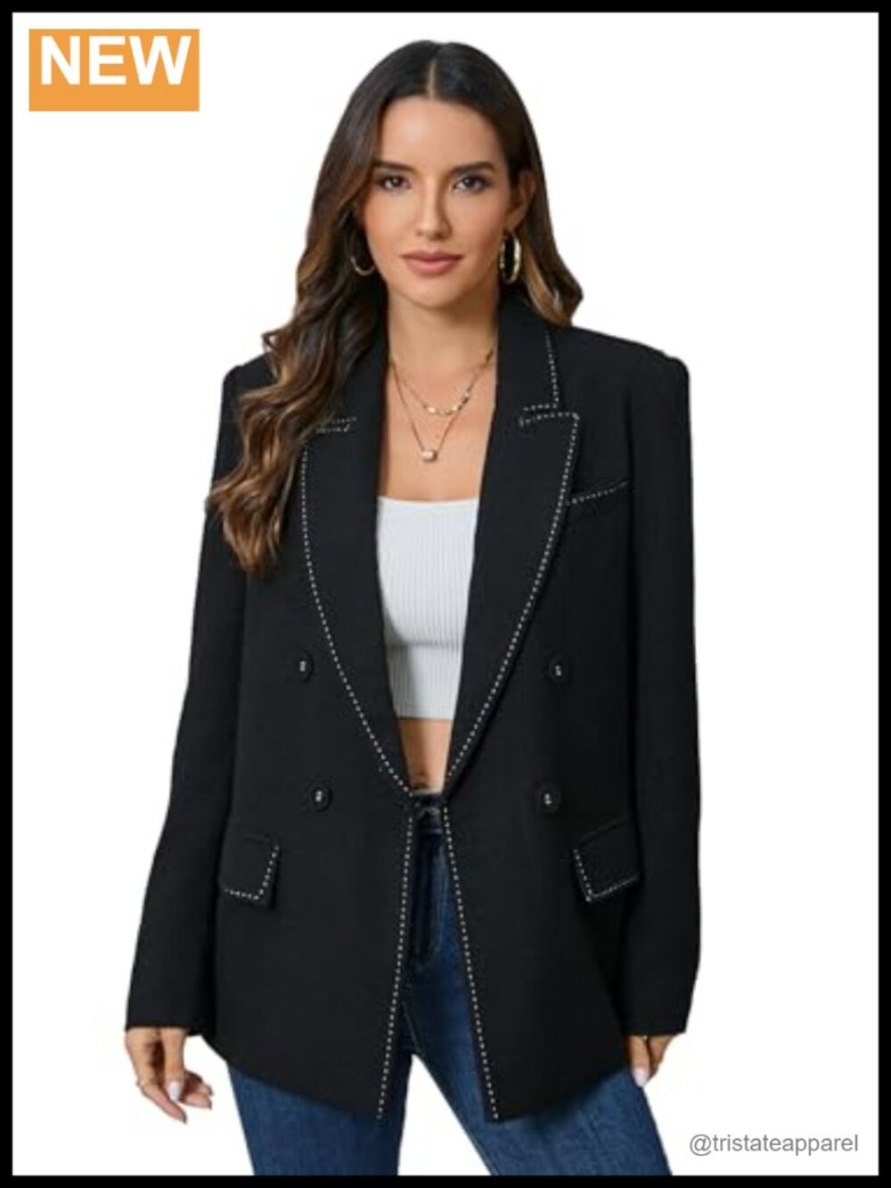 Oversized Double-Breasted Blazer Top Stitch Relaxed Work Office